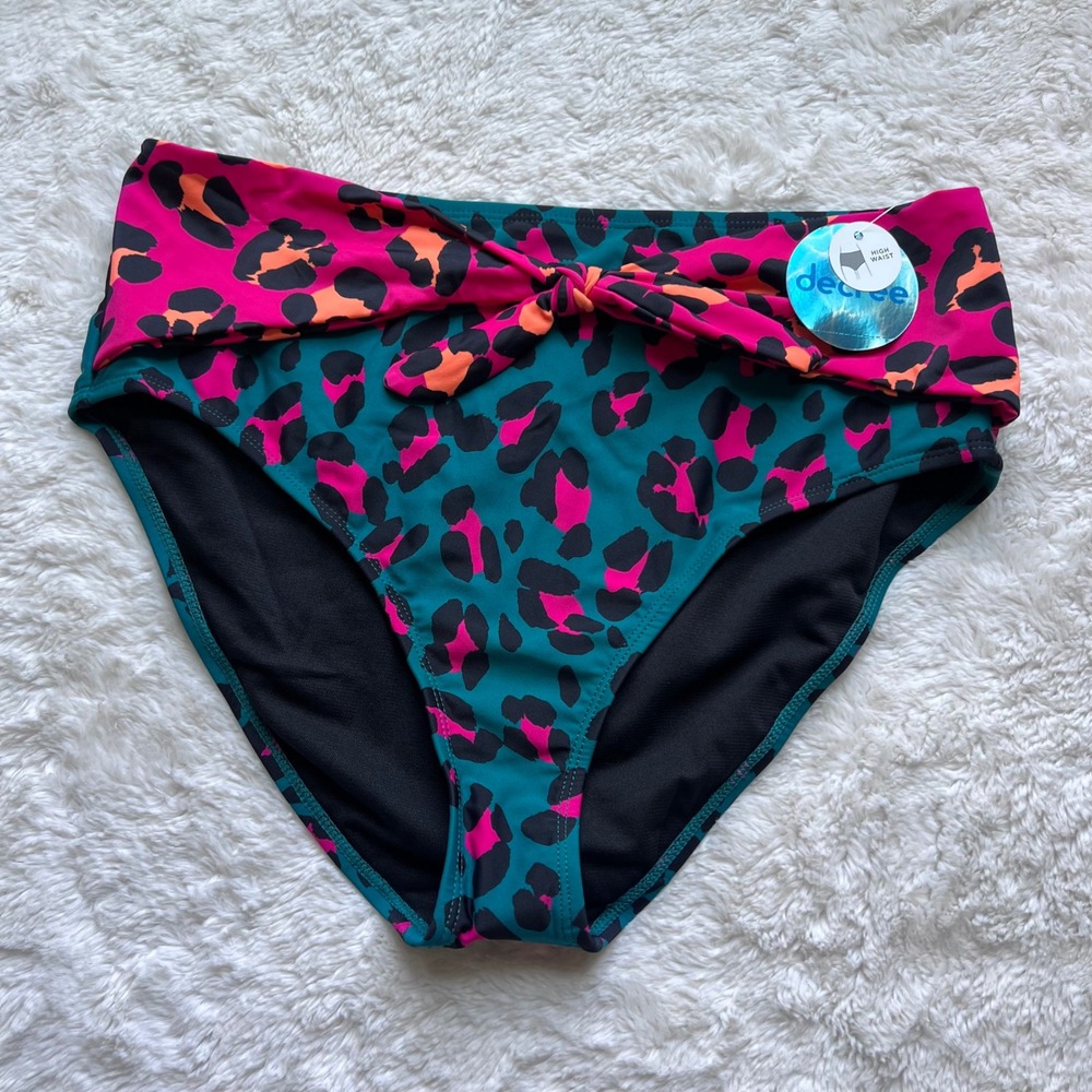 Decree High Waist Bikini Bottoms Leopard Print Teal Pink Orange Size Large‎ NWT
